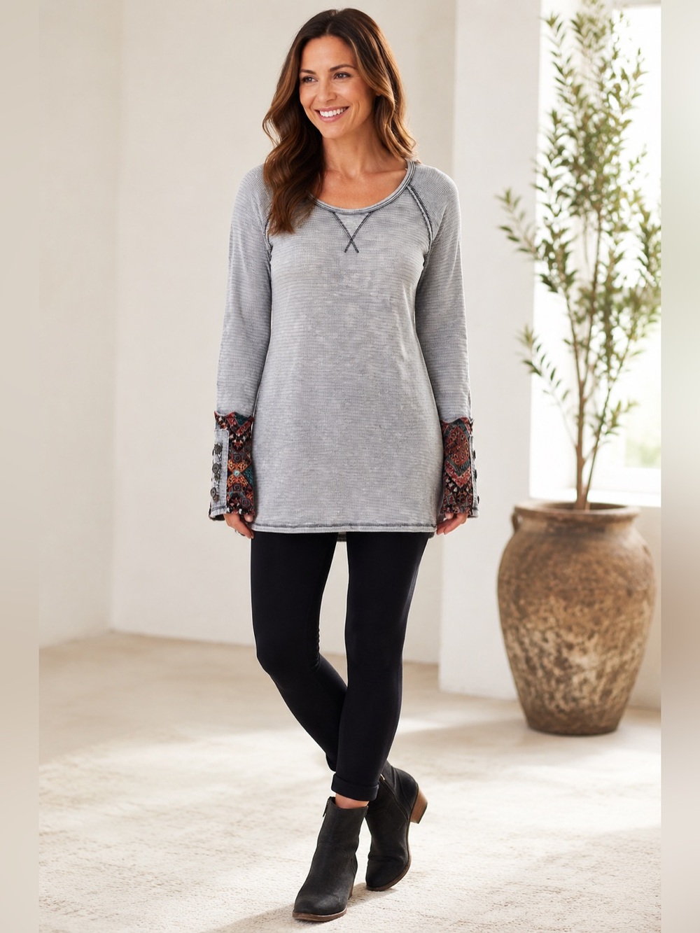 Soft Surroundings Gray Boho Tunic Top Small Southwestern Cuff Long Sleeve